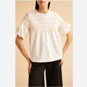 MERLETTE   Orestes Ivory Smocked Pima-cotton Blouse Size L